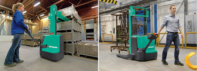 xe nâng điện đứng lái pallet stacker mitsubishi